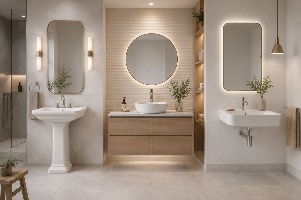 Pedestal counter and wall-hung wash basin styles