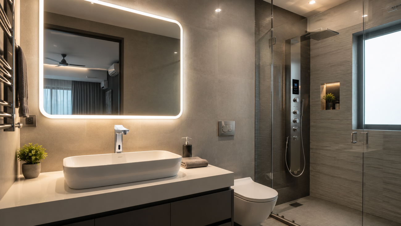 Smart bathroom fixtures with sensor taps and digital shower in an Indian home Smart bathroom fixtures with sensor taps and digital shower in an Indian home