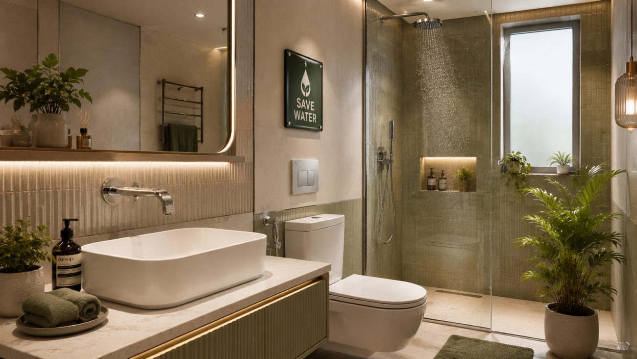 Eco-friendly water saving bathroom fixtures in a modern Indian bathroom
